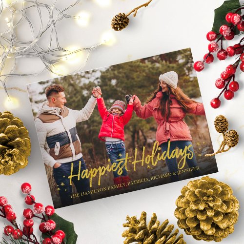 Gold Calligraphy Photo Happiest Holidays Christmas Postcard