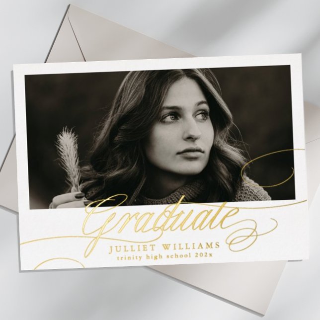 GOLD Calligraphy Photo High School Graduation Foil Invitation (Creator Uploaded)
