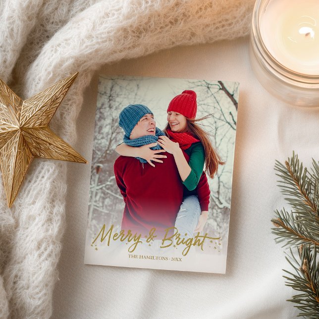 Gold Calligraphy Photo Merry And Bright Christmas Postcard (Creator Uploaded)