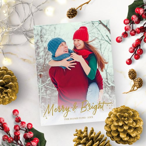 Gold Calligraphy Photo Merry And Bright Christmas Postcard