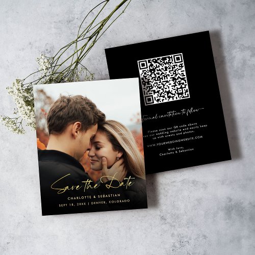 Gold Calligraphy Photo Save the Date Card