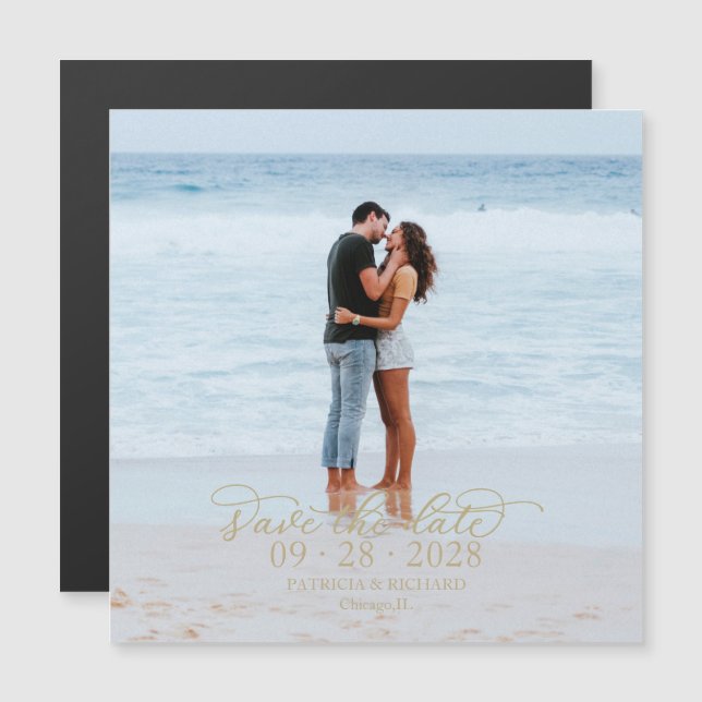 Gold Calligraphy Photo Save The Date Magnetic Invitation (Front/Back)