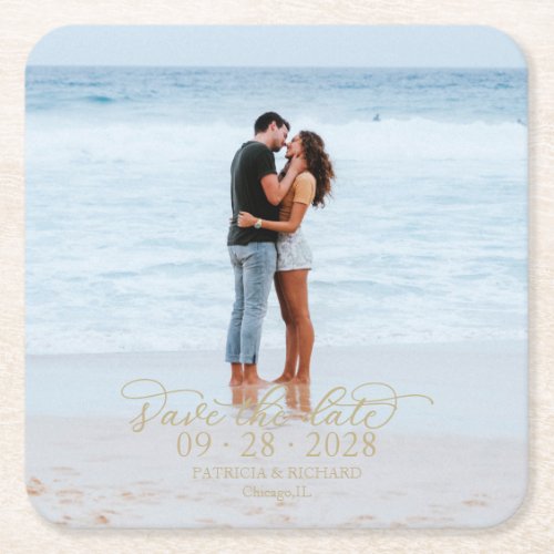 Gold Calligraphy Photo Wedding Save the Date  Square Paper Coaster
