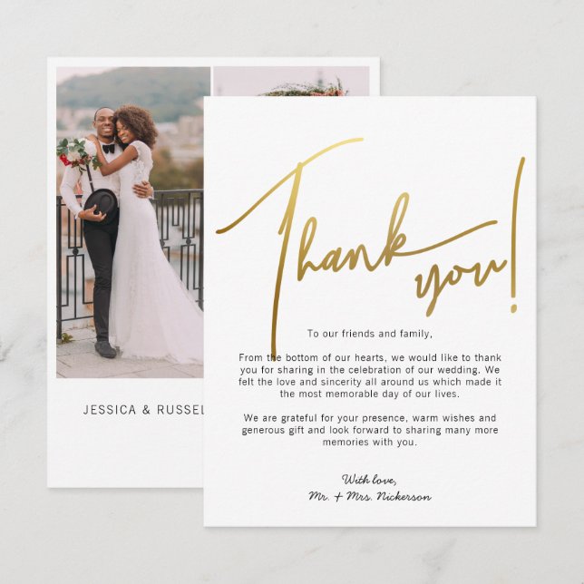 Gold Calligraphy Photos Wedding Thank You Card (Front/Back)