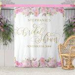 Gold Calligraphy Pink Floral Bridal Shower Tapestry<br><div class="desc">Pretty Photo Booth Backdrop for your bridal shower. This custom design features elegant calligraphy and watercolor floral arrangements of pink and gold flowers with a dash of greenery. The template is set up for you to personalize with the bride to be's name and occasion date. Bridal Shower is hand lettered...</div>