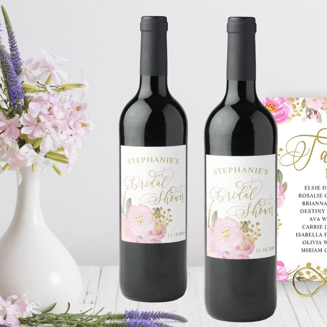 Gold Calligraphy Pink Floral Bridal Shower Wine Label (Bridal Shower wine bottle labels from my Pink and Gold Watercolor Floral Collection)
