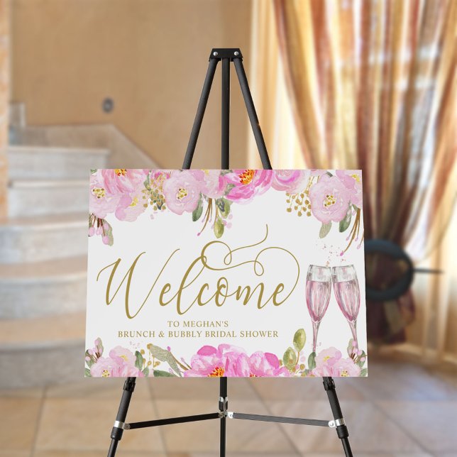 Gold Calligraphy Pink Floral Brunch Bubbly Welcome Foam Board (Creator Uploaded)