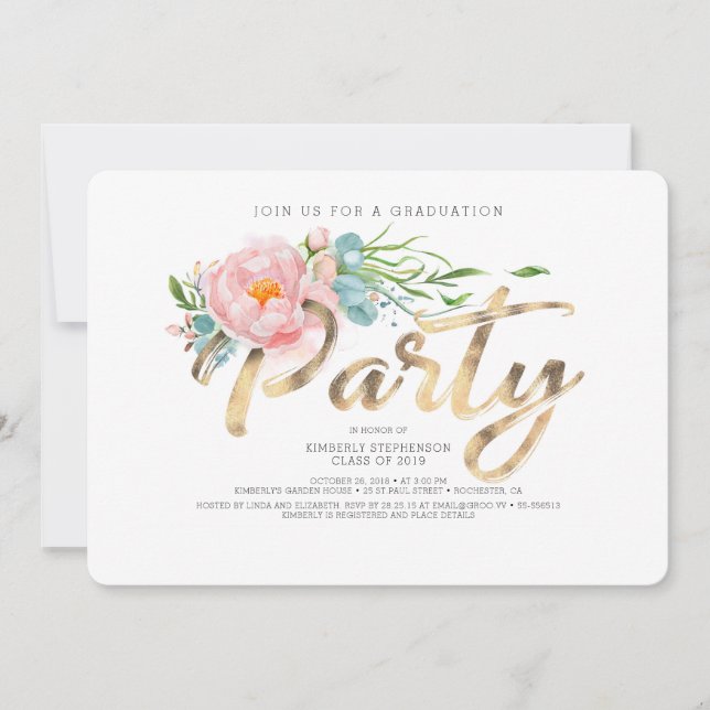 Gold Calligraphy Pink Floral Graduation Party Invitation (Front)