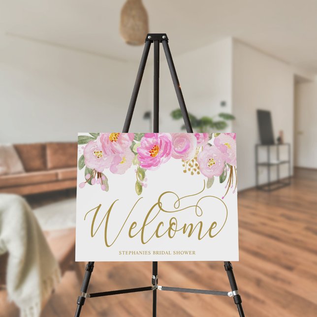 Gold Calligraphy Pink Floral Welcome Easel Sign (Creator Uploaded)