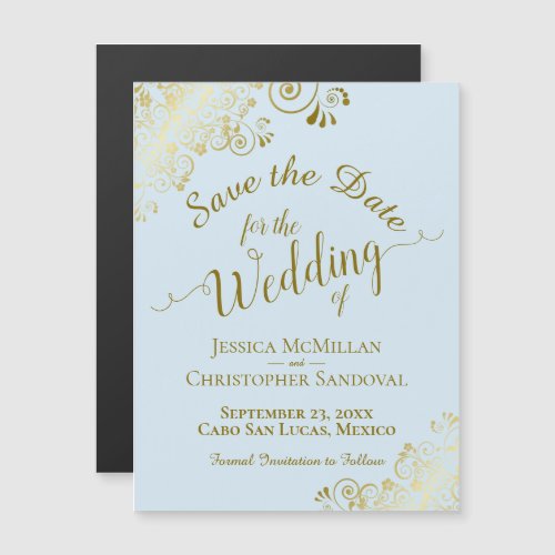Gold Calligraphy Powder Blue Save the Date Magnet