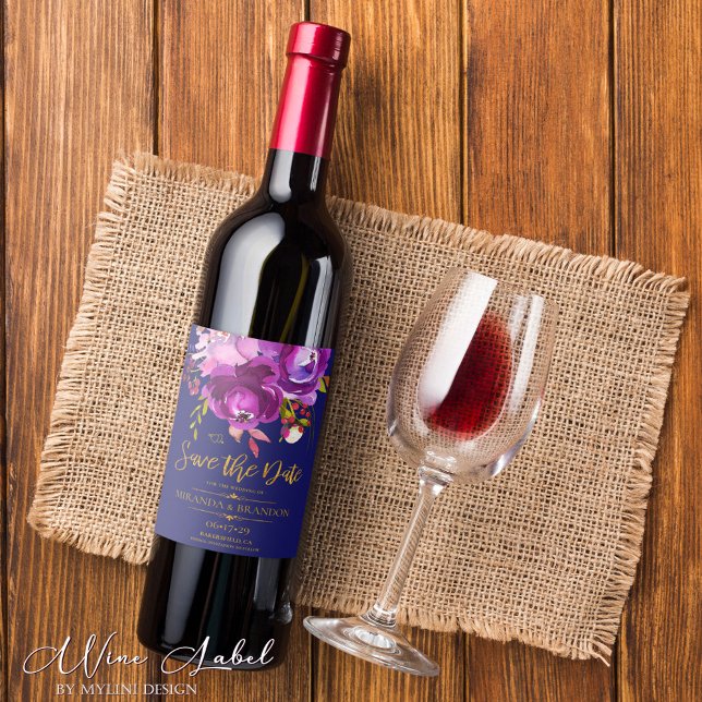 Gold Calligraphy Purple Floral Save the Date Wine Label (Creator Uploaded)