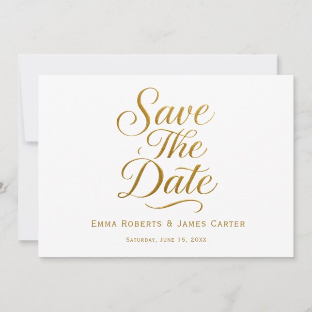 Gold Calligraphy QR Save the Date Card (Front)