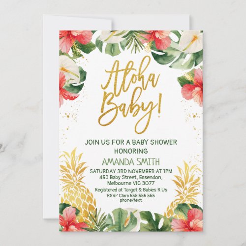 Gold Calligraphy Red Floral Aloha Baby Baby Invitation