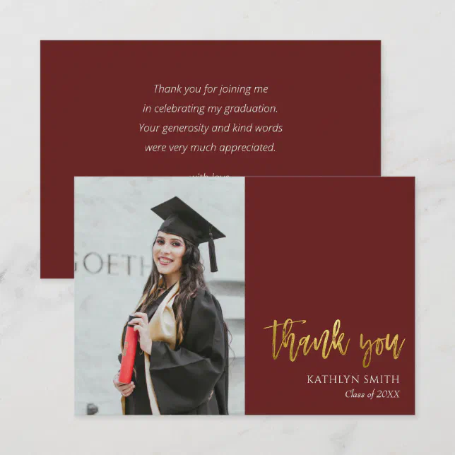 Gold Calligraphy Red Modern Photo Graduation Thank You Card | Zazzle