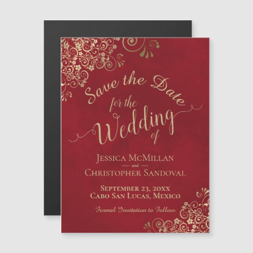 Gold Calligraphy Red Wedding Save the Date Magnet