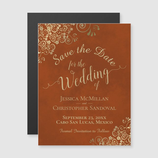 Gold Calligraphy Rust Orange Save the Date Magnet (Front/Back)