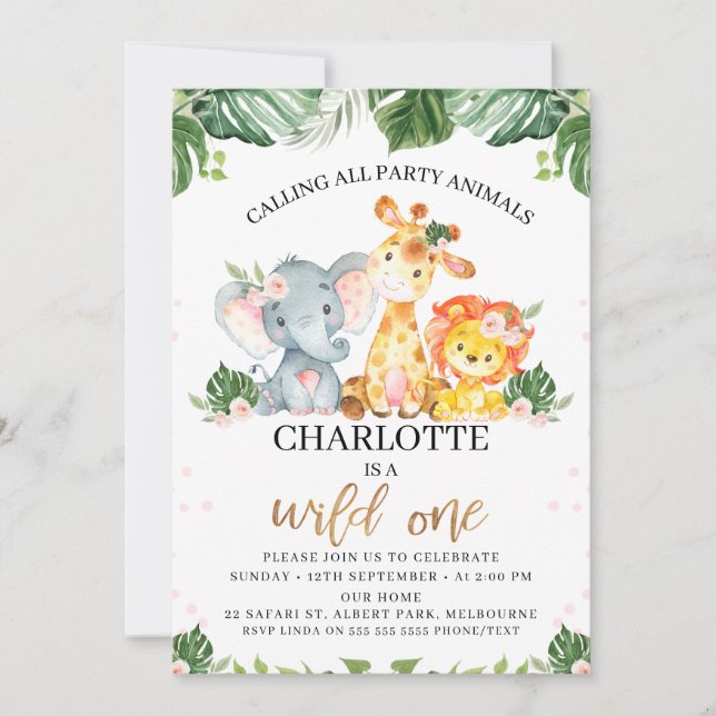 Gold calligraphy Safari Wild One Birthday Invitation (Front)