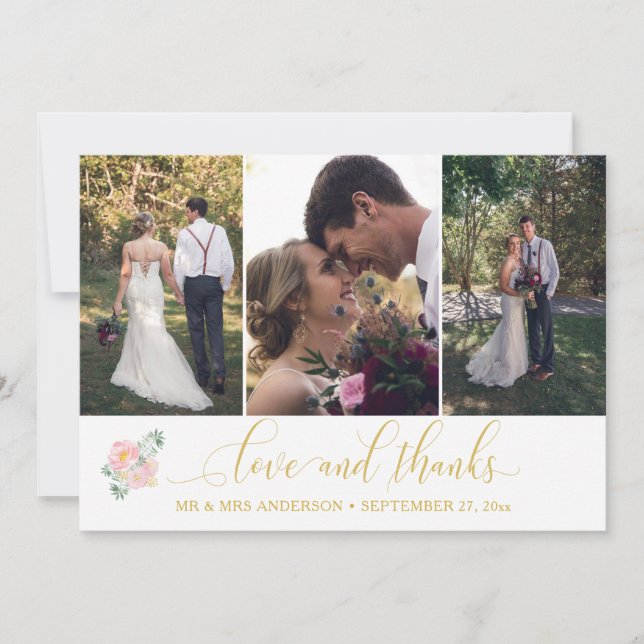 Gold Calligraphy Script 3 Photos Wedding Thank You Card (Front)
