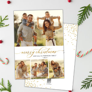 Gold Calligraphy Script 4 Photo Collage Christmas Holiday Card