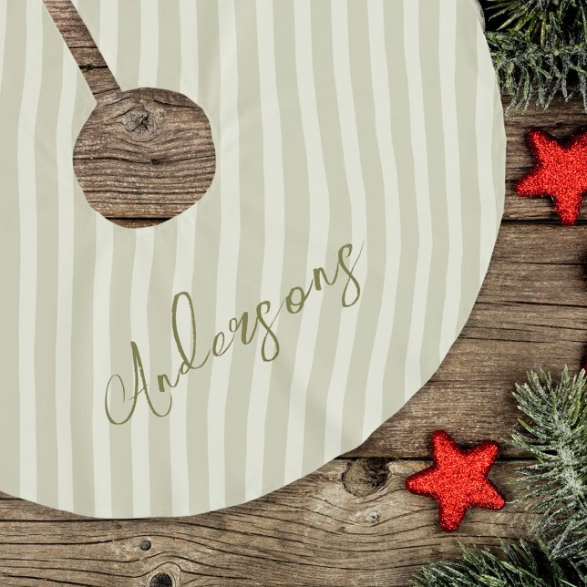 Gold Calligraphy Script Christmas Brushed Polyester Tree Skirt (Simple light tan and golden stripes Christmas tree skirt)