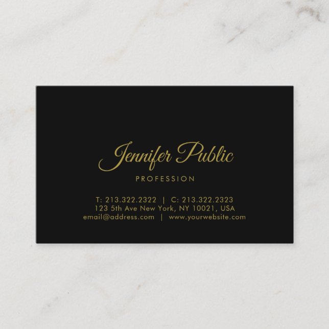 Gold Calligraphy Script Elegant Black Minimalist Business Card (Front)