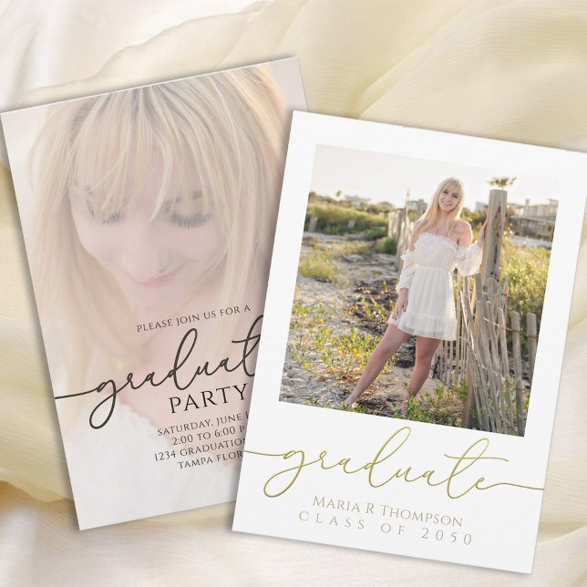 Gold Calligraphy Script Graduate Photo Invitation (Elegant gold script graduate photo invitation with customizable graduate details.)