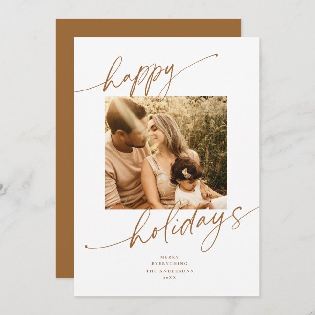 Gold Calligraphy Script Holiday Photo Card (Front/Back)