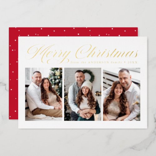 Gold Calligraphy Script Merry Christmas 3 Photo Foil Holiday Card