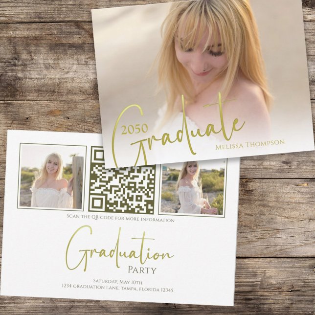 Gold Calligraphy Script Minimalist Photo QR Code  Invitation (Creator Uploaded)
