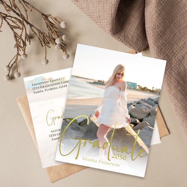 Gold Calligraphy Script Minimalist Two Photo  Postcard (Graduation calligraphy script photo postcard template.)