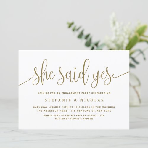 Gold Calligraphy She Said Yes Engagement Invitation