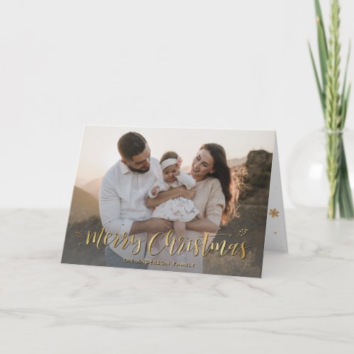 Gold Calligraphy Snowflake Photo Merry Christmas Holiday Card