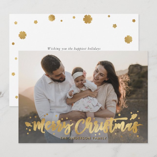 Gold Calligraphy Snowflake Photo Merry Christmas Holiday Card (Front/Back)