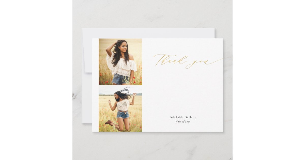Gold Calligraphy Two Photo Graduation Thank You Card | Zazzle