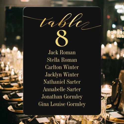 Gold Calligraphy Wedding Black Seating Chart Card