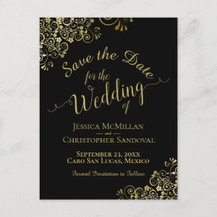 Gold Calligraphy Wedding Save the Date Black Announcement Postcard