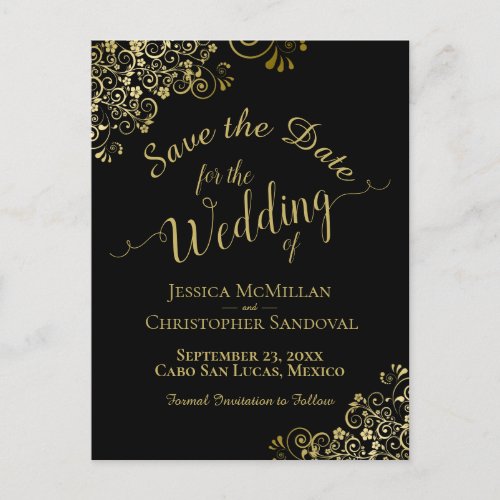 Gold Calligraphy Wedding Save the Date Black Announcement Postcard