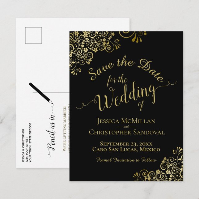 Gold Calligraphy Wedding Save the Date Black Announcement Postcard (Front/Back)