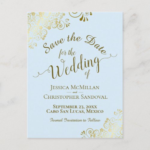 Gold Calligraphy Wedding Save the Date Blue Announcement Postcard