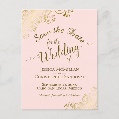 Gold Calligraphy Wedding Save the Date Blush Pink Announcement Postcard