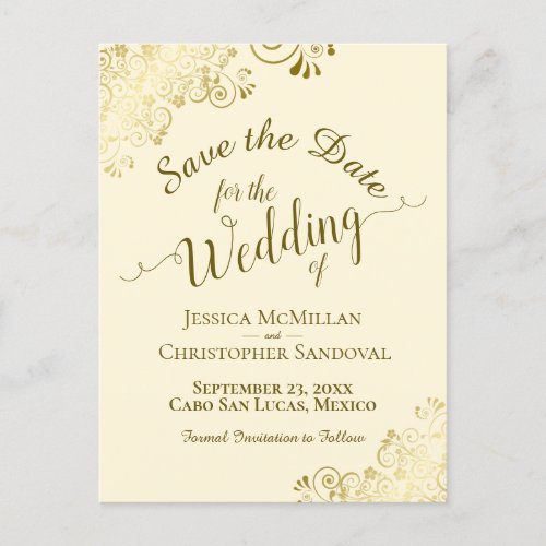 Gold Calligraphy Wedding Save the Date Cream Announcement Postcard