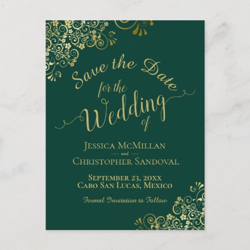 Gold Calligraphy Wedding Save the Date Emerald Announcement Postcard