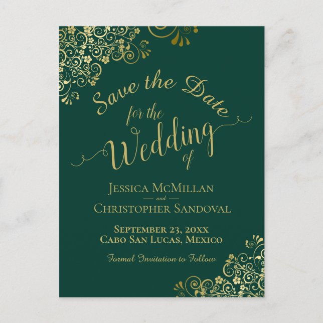 Gold Calligraphy Wedding Save the Date Emerald Announcement Postcard (Front)
