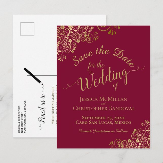 Gold Calligraphy Wedding Save the Date Maroon Announcement Postcard (Front/Back)