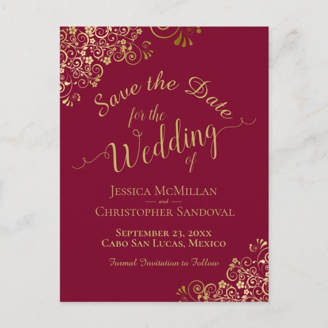 Gold Calligraphy Wedding Save the Date Maroon Announcement Postcard (Front)