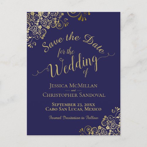 Gold Calligraphy Wedding Save the Date Navy Blue Announcement Postcard