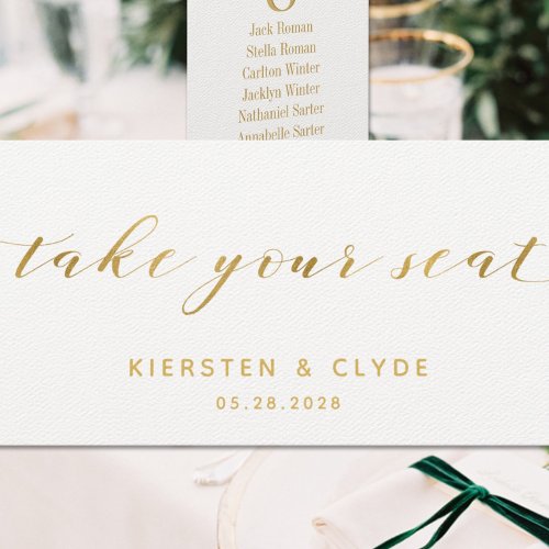 Gold Calligraphy Wedding Take Your Seat Top Card