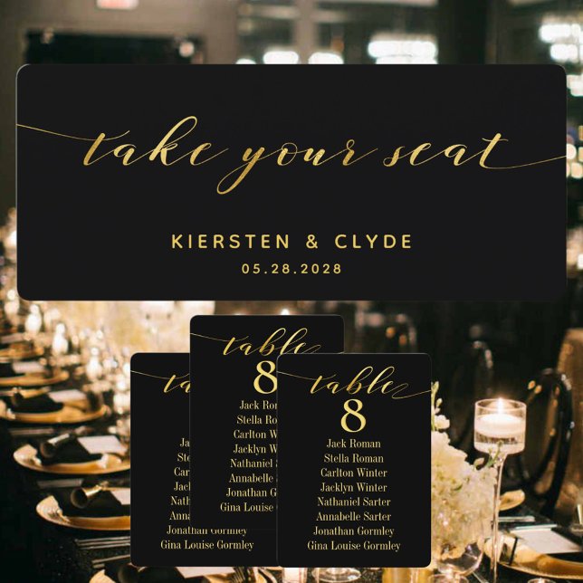 Gold Calligraphy Wedding Take Your Seat Top Card (Creator Uploaded)