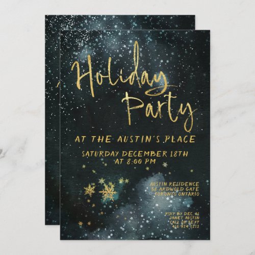 Gold Calligraphy Winter Night Holiday Party Invitation