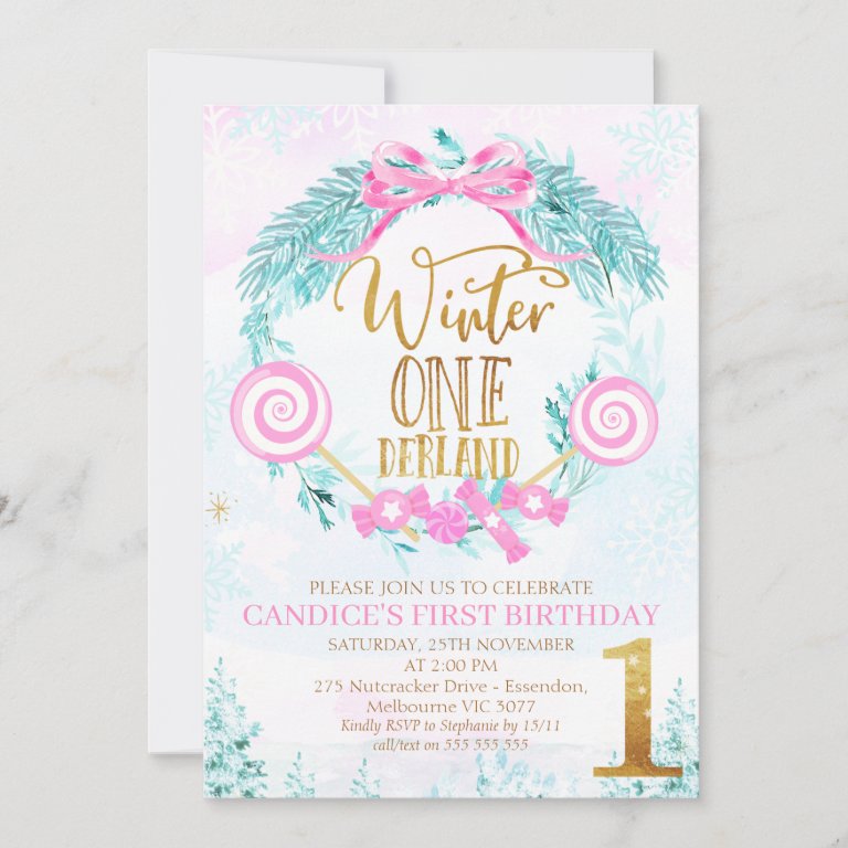 Gold Calligraphy Winter One-derland Birthday Invit Invitation